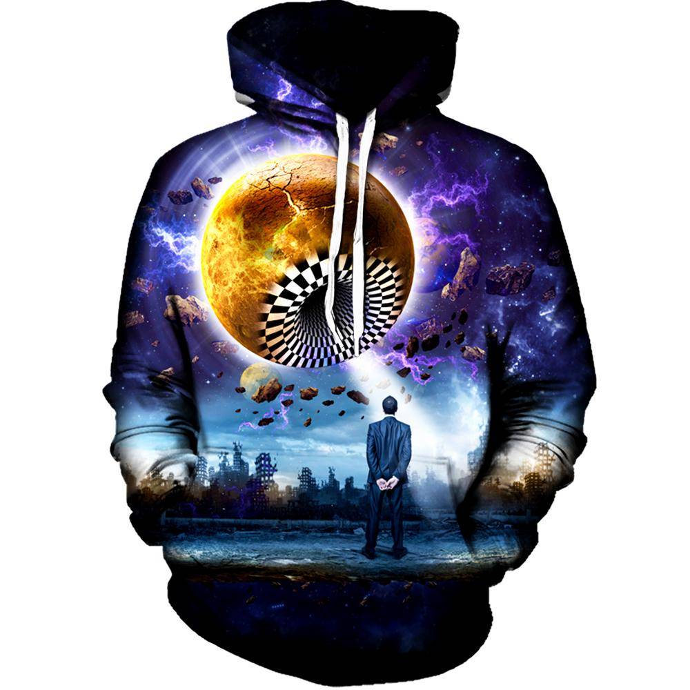 Men's Moon Star Planet Pattern Kangaroo Pocket Pullover Hoodie And Letter  Printed Fleece-lined Ribbed Beam Feet Drawstring Jogger Pants Set