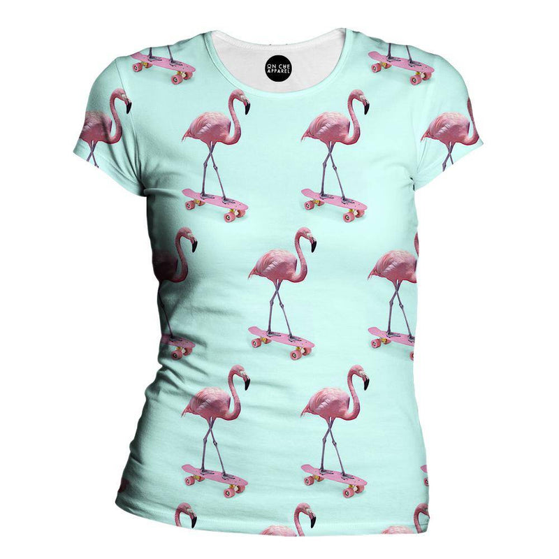 Skating Flamingo Womens T-Shirt